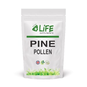 May include: White pouch of Nutri Life Supplements Pine Pollen. The pouch has a green stripe with the words "FOOD SUPPLEMENTS" above the bold text "PINE POLLEN". The pouch also has the text "LIFE SUPPLEMENTS" and a green logo.