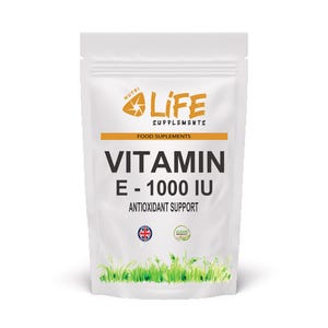May include: White pouch of Nutri Life Supplements Vitamin E-1000 IU. The package has an orange band with the words "FOOD SUPPLEMENTS". The text "ANTIOXIDANT SUPPORT" is below the vitamin name. A small Union Jack and a "Clean Product" logo are at the bottom.