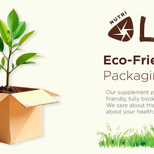 May include: A cardboard box with a small plant inside, with green leaves and brown soil. The text "NUTRI LIFE Eco-Friendly Packaging" is displayed, along with a statement about environmentally friendly packaging.