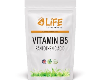 May include: White pouch of Life Supplements Vitamin B5, also known as Pantothenic Acid. The pouch has an orange stripe with the words "Food Supplements" and the Life Supplements logo. The bottom of the pouch has a green grass design.