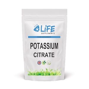 May include: White pouch of Nutri Life Supplements Potassium Citrate. The pouch features the brand's logo, the words "FOOD SUPPLEMENTS", and the text "POTASSIUM CITRATE" in large, bold letters. The bottom of the pouch has a green grass design and three small icons.