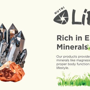 May include: Image features a cluster of crystals in shades of silver, gray, and copper. The text reads "NUTRI LIFE Rich in Essential Minerals." The image promotes products rich in essential minerals for a healthy lifestyle.