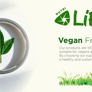 May include: A bright green leaf inside a silver-rimmed, circular container. The image also features the text "NUTRI LIFE" and "Vegan Friendly" with additional text describing the product as plant-based and suitable for vegans and vegetarians.