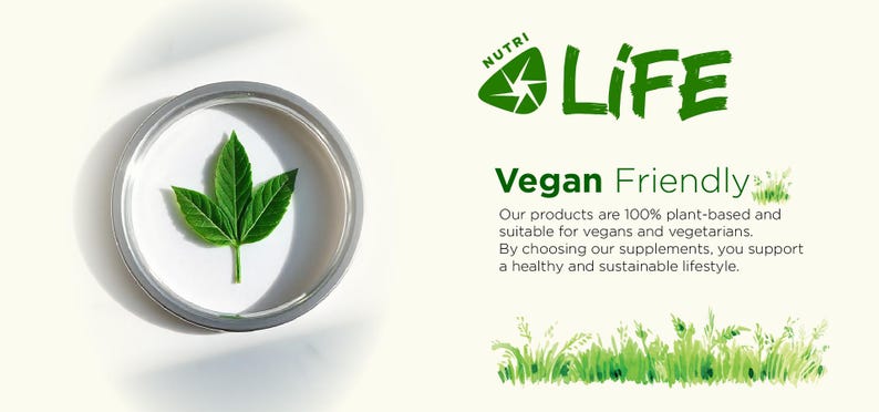 May include: A bright green leaf inside a silver-rimmed, circular container. The image also features the text "NUTRI LIFE" and "Vegan Friendly" with additional text describing the product as plant-based and suitable for vegans and vegetarians.