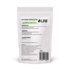 May include: A white pouch of Nicotinamide Mononucleotide (NMN) capsules. The label includes suggested use, ingredients, allergen warnings, and website information. The pouch has a barcode and the text "LIFE" with a green and white design.