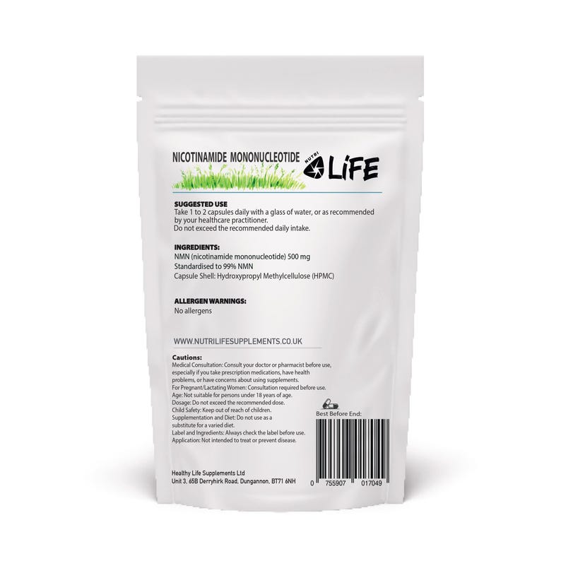 May include: A white pouch of Nicotinamide Mononucleotide (NMN) capsules. The label includes suggested use, ingredients, allergen warnings, and website information. The pouch has a barcode and the text "LIFE" with a green and white design.
