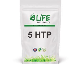 May include: A white pouch of Nutri Life Supplements 5 HTP food supplements. The pouch has a green stripe with the words "FOOD SUPPLEMENTS" and the Nutri Life logo. The bottom of the pouch has a green grass design and three small logos.