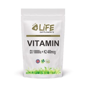 May include: White supplement pouch with the text "VITAMIN D3 10000iu + K2 400mcg". The pouch also features the "Life Supplements" logo and the words "Food Supplements". The bottom of the pouch has a green grass design.