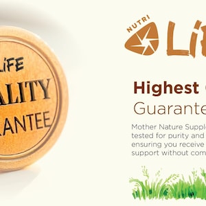 May include: A wooden medallion with the text "4 LIFE QUALITY GUARANTEE" in black lettering. The image also includes the words "NUTRI LIFE" and "Highest Quality Guaranteed" in brown and black text.