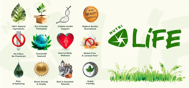May include: An image with the word "LIFE" in green, accompanied by icons representing natural ingredients, eco-friendly packaging, and other health-related benefits. The image also includes the text "NUTRI".