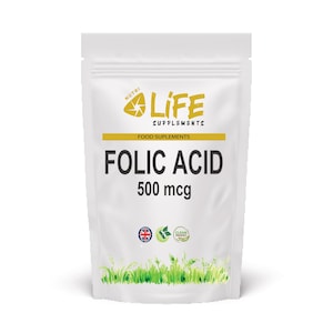 May include: White pouch of Nutri Life Supplements Folic Acid 500 mcg. The packaging includes the text "Food Supplements" and several small icons. The bottom of the pouch features a green grass design.