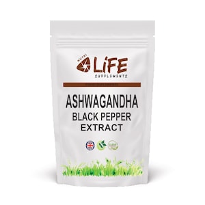 May include: White pouch of Nutri Life Supplements Ashwagandha Black Pepper Extract. The pouch has a brown band with the words "FOOD SUPPLEMENTS" above the product name. The bottom of the pouch has a green grass design.