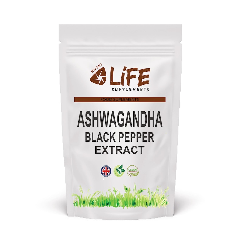 May include: White pouch of Nutri Life Supplements Ashwagandha Black Pepper Extract. The pouch has a brown band with the words "FOOD SUPPLEMENTS" above the product name. The bottom of the pouch has a green grass design.