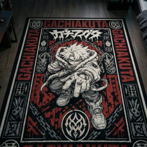 Dark Anime Rug, Gothic Manga Warrior Chain Print, Japanese Street Art Decor