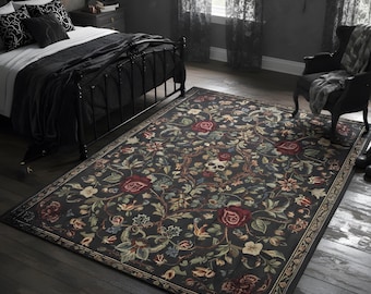 Gothic Floral Area Rug, Washable Skull and Rose Rug, William Morris Style, Dark Academia Decor