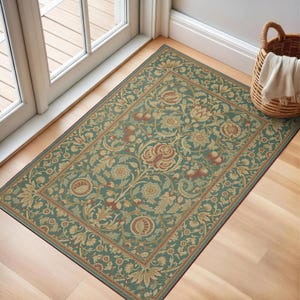 Alfombra William Morris en color verde azulado — Alfombra de acanto dorado y granada