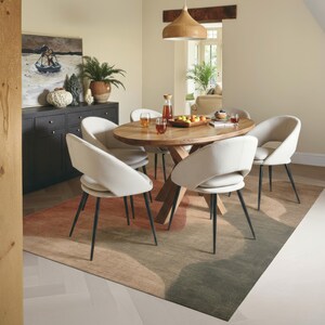 a modern dining room with a wooden table surrounded by white chairs. The table is set with a tray of fruit and drinks, and there are potted plants and a painting on the wall. The room has a neutral color scheme with a colorful rug on the floor.