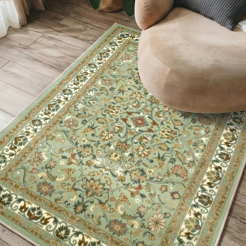 Vintage Floral Area Rug, Sage Green Botanical Pattern (living Room Size ...