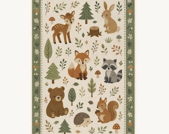 Woodland Friends Kids Rug, Fox Bear Deer Raccoon Nursery Print, Playroom Decor