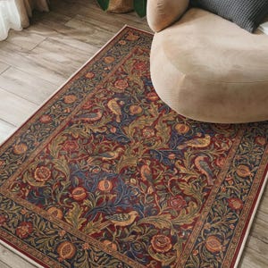 Dark Navy William Morris Area Rug — Birds Acanthus Pomegranate Carpet