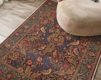 Dark Navy William Morris Area Rug — Birds Acanthus Pomegranate Carpet