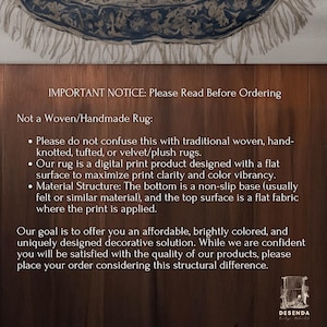 The image is a notice about a product, specifically a rug, and it provides information about the rug's features and pricing.