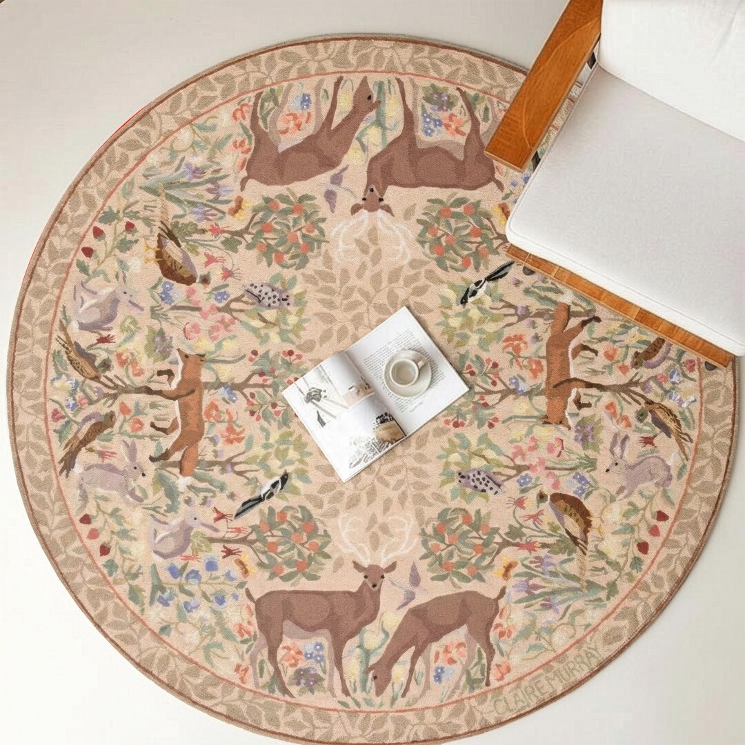 Woodland Deer Round Rug — Forest Birds Floral Nursery Carpet - Etsy