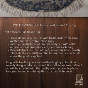 The image is a notice about a product, specifically a rug, and it provides information about the rug's features and pricing.