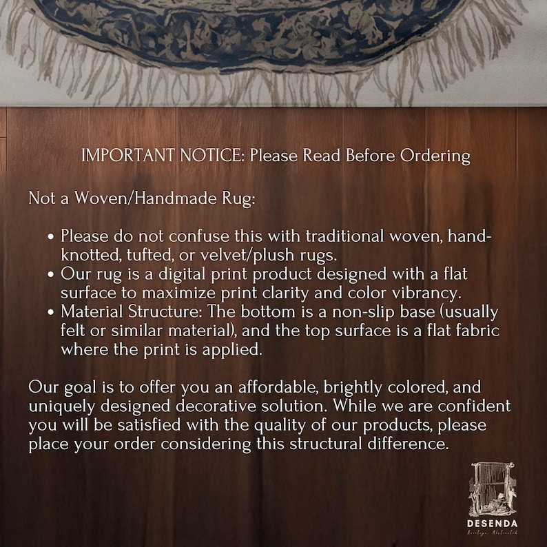 The image is a notice about a product, specifically a rug, and it provides information about the rug's features and pricing.