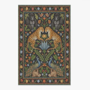Dark Jungle Animals Area Rug — Leopard Peacock Botanical Carpet
