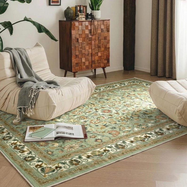 Vintage Floral Area Rug, Sage Green Botanical Pattern (living Room Size ...