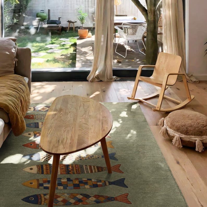 a cozy living room with a wooden coffee table, a rocking chair, and a large window overlooking a backyard.