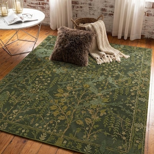 Dunkelgrüner botanischer Teppich — Waldblätter Kunsthandwerksteppich