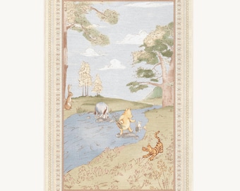 Storybook Nursery Rug, Vintage Woodland River Scene Kids Print, Toddler Decor