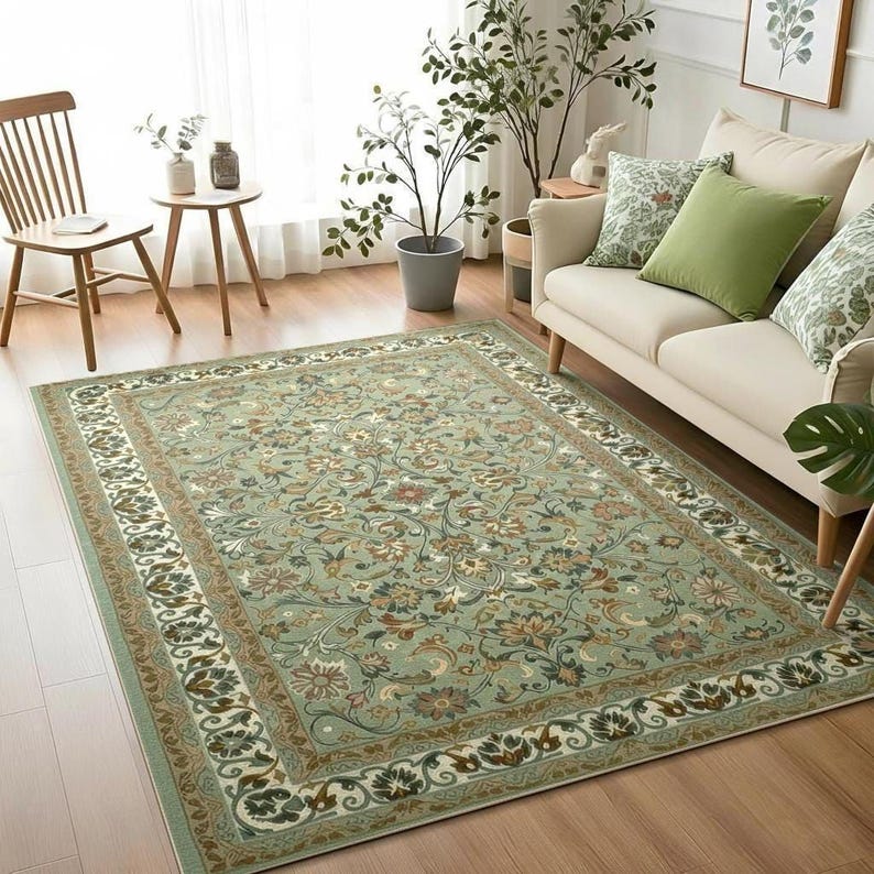 Vintage Floral Area Rug, Sage Green Botanical Pattern (living Room Size ...