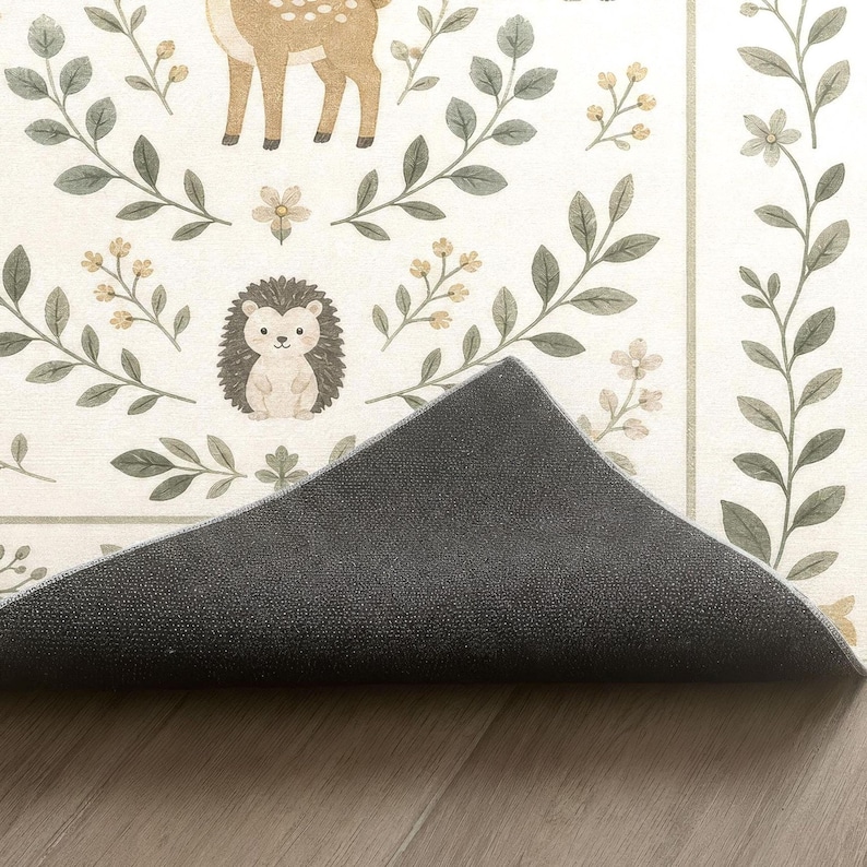 a rug with a forest-themed design, including a deer, hedgehog, and flowers. The rug is placed on a wooden floor, and there is a black rubber mat in front of it.