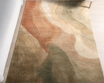 Abstract Watercolor Area Rug, Earthy Terracotta Sage Flowing Print, Japandi Boho Decor