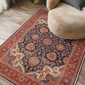 Navy Persian Floral Area Rug — Kashan Terracotta Red Border Carpet
