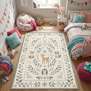 a cozy and colorful bedroom with a large rug featuring a forest scene, including deer, foxes, and hedgehogs. The room is decorated with various toys, books, and other items, creating a playful and inviting atmosphere.