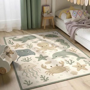Neutral Ocean Kids Rug, Sage Whale Crab Sea Animals Scatter Print, Nursery Decor