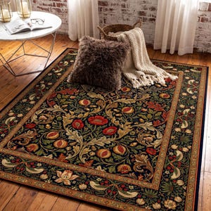 William Morris Acanthus Rug, Navy Floral Poppy Pomegranate Botanical Carpet