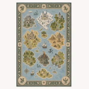 Könnte beinhalten: Ein rechteckiger Wandteppich mit einer Fantasy-Kartenillustration auf blauem Hintergrund. Die Karte zeigt verschiedene Inseln mit Burgen, Bergen, Wäldern, einem Vulkan, einem Segelschiff und Meeresbewohnern, alles umgeben von einem dekorativen Rand.