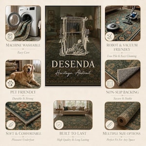 The image is a collage of various images showcasing the Desenda rug, highlighting its features and benefits.