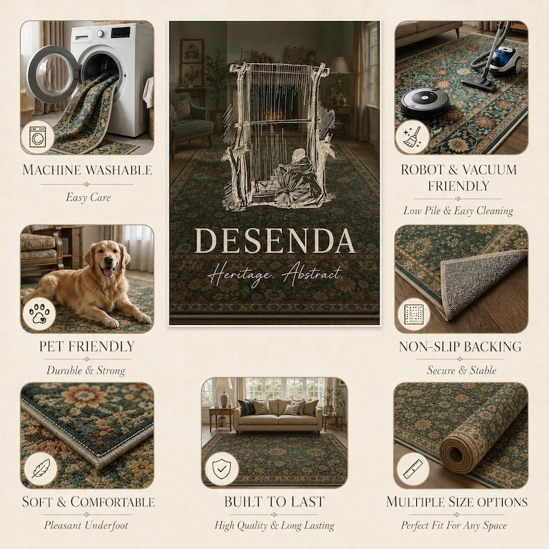 The image is a collage of various images showcasing the Desenda rug, highlighting its features and benefits.