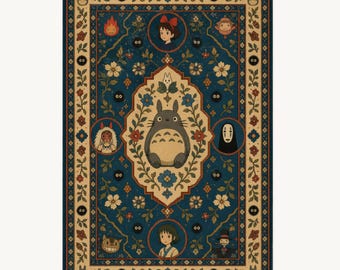 Anime Spirit Rug, Japanese Forest Guardian Persian Floral Print, Maximalist Decor