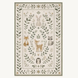 The image is a decorative rug featuring a border of green leaves and flowers, surrounded by illustrations of various woodland animals such as a rabbit, fox, deer, raccoon, and hedgehog.