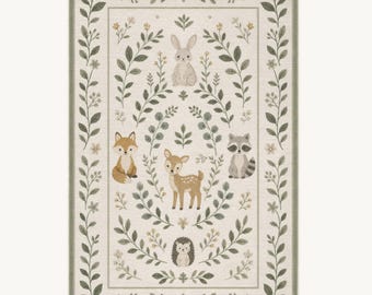 May include: A rectangular area rug featuring a cream-coloured background with a border of green leaves and small yellow flowers. The centre displays illustrations of a rabbit, a fox, a deer, a raccoon, and a hedgehog surrounded by green foliage.
