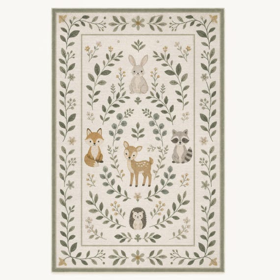 Watercolor Woodland Rug, Fox Deer Rabbit Hedgehog Nursery Print, Toddler Decor