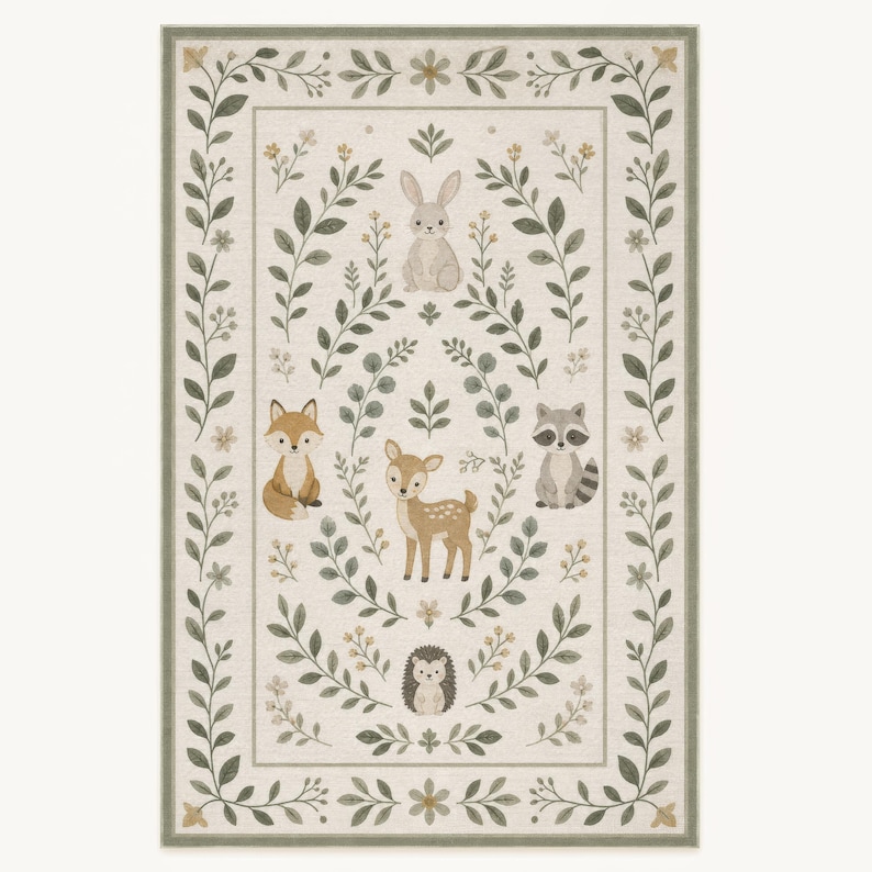 The image is a decorative rug featuring a border of green leaves and flowers, surrounded by illustrations of various woodland animals such as a rabbit, fox, deer, raccoon, and hedgehog.