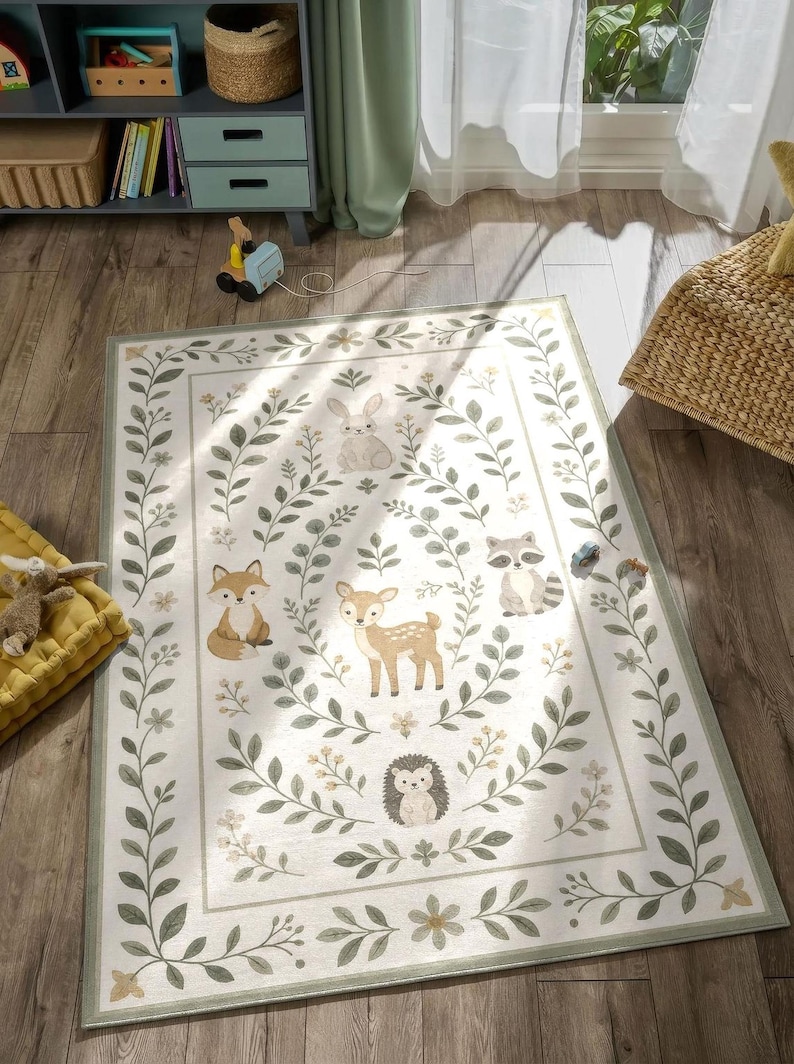 a rug with a forest-themed design, including various animals such as deer, foxes, and hedgehogs, surrounded by leaves and flowers. The rug is placed on a wooden floor, and there are some books and a toy car nearby.